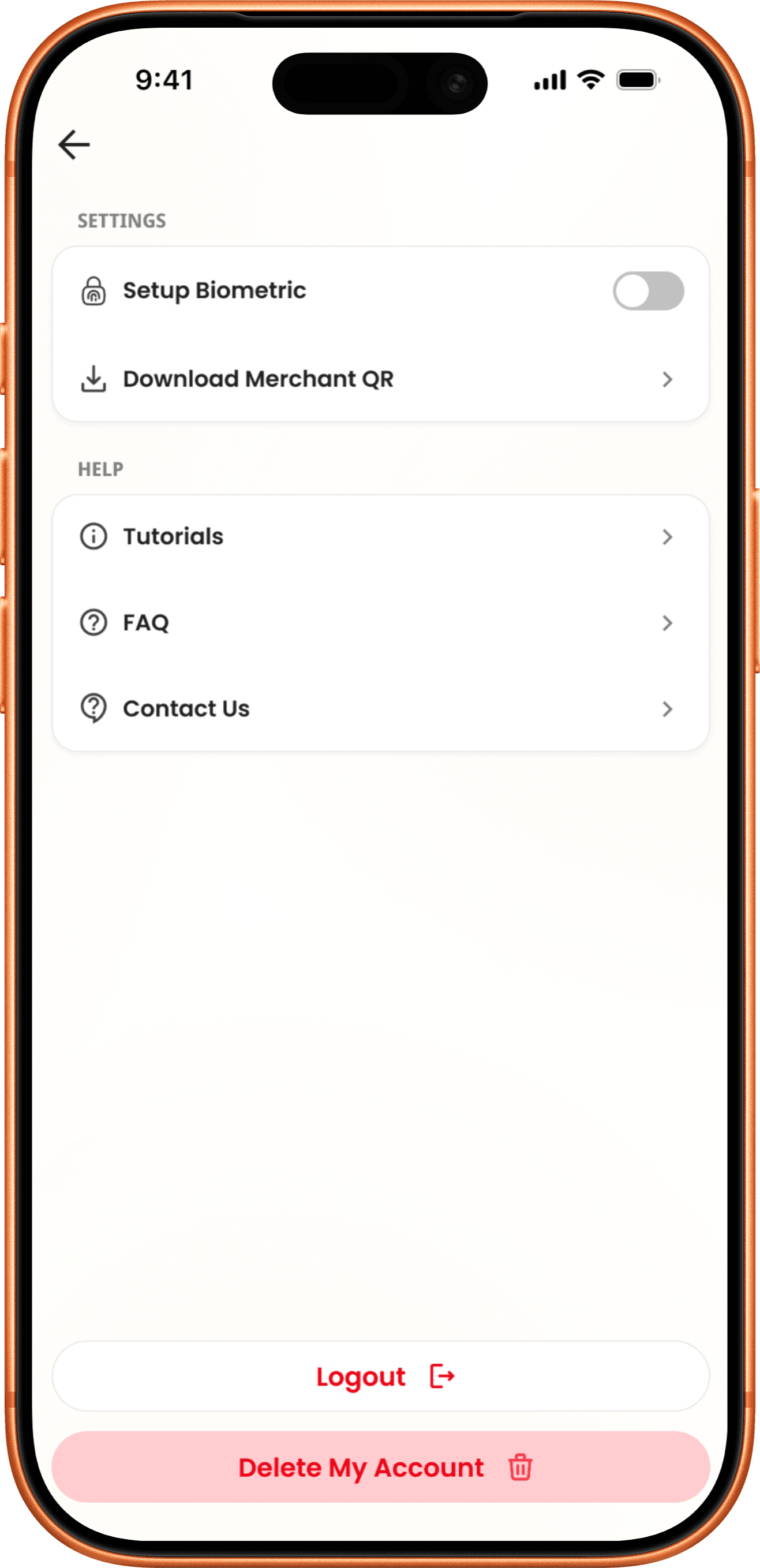 Merchant App settings screen with the Delete My Account button at the bottom