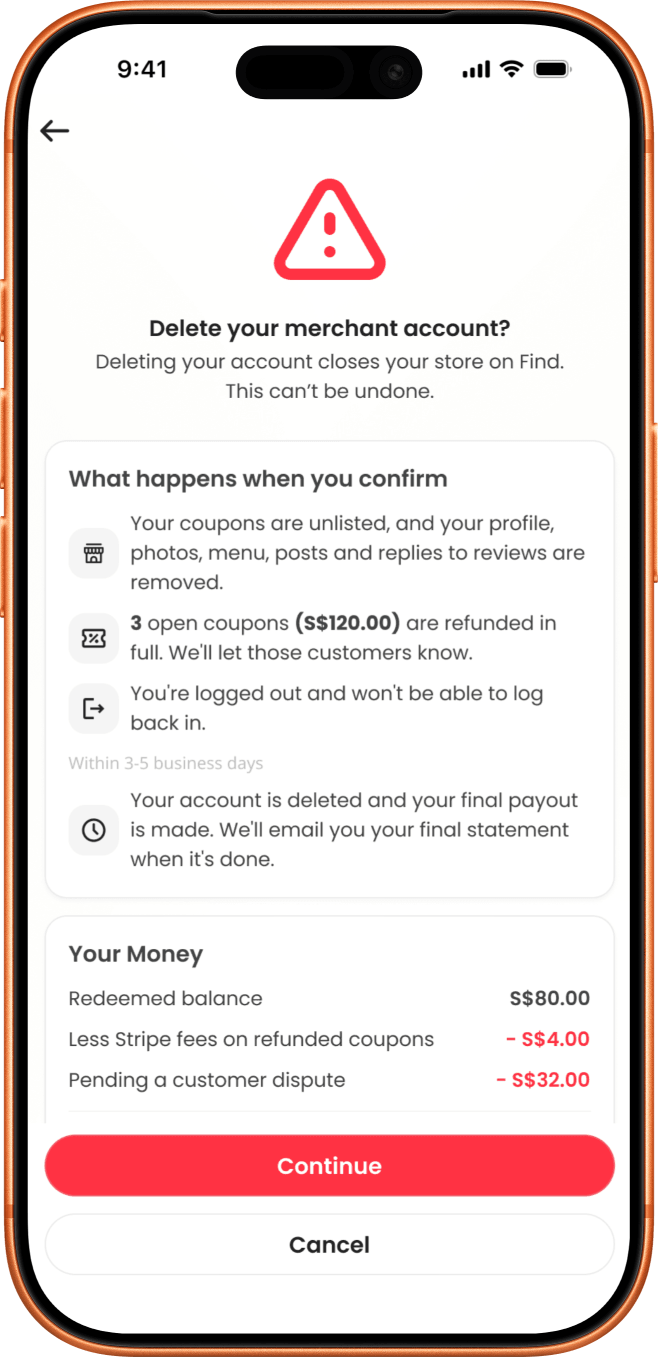 Merchant App screen summarising what happens on deletion, the coupons to be refunded and your final payout, with a Continue button