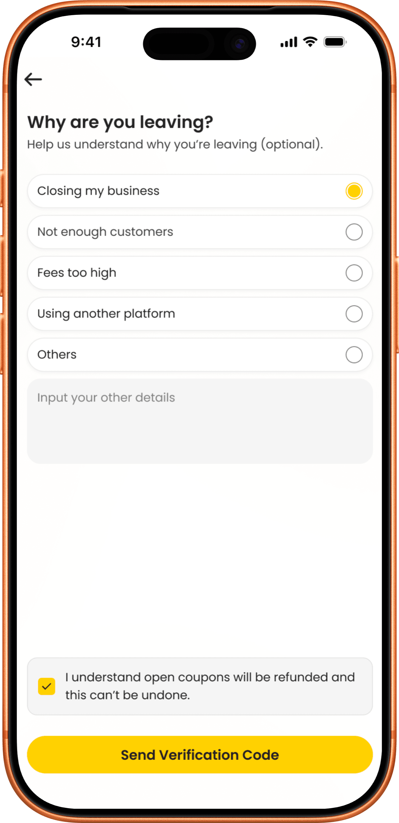 Merchant App screen listing reasons for leaving, a confirmation checkbox and a Send Verification Code button