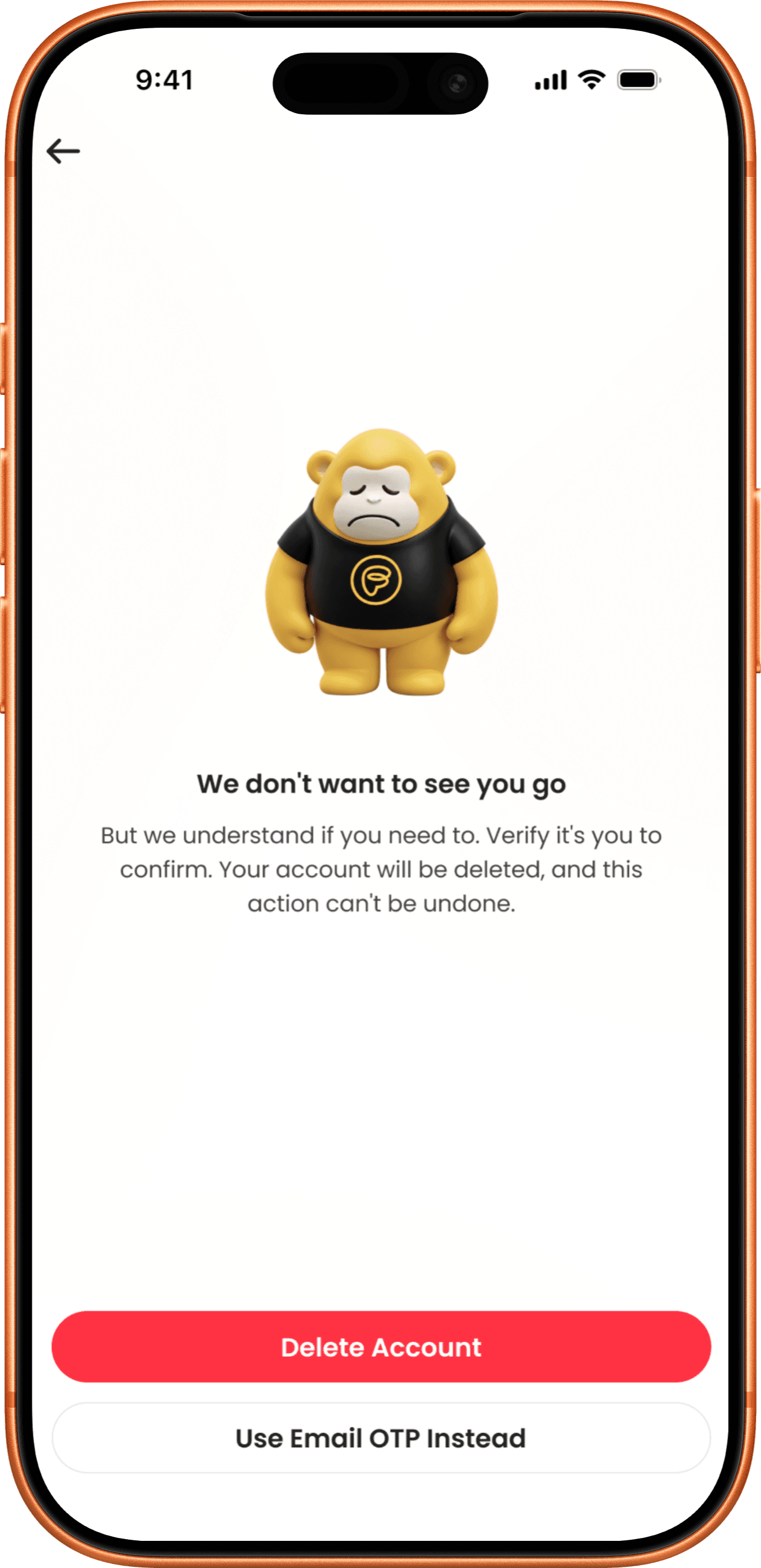Merchant App verification screen with Delete Account and Use Email OTP Instead buttons