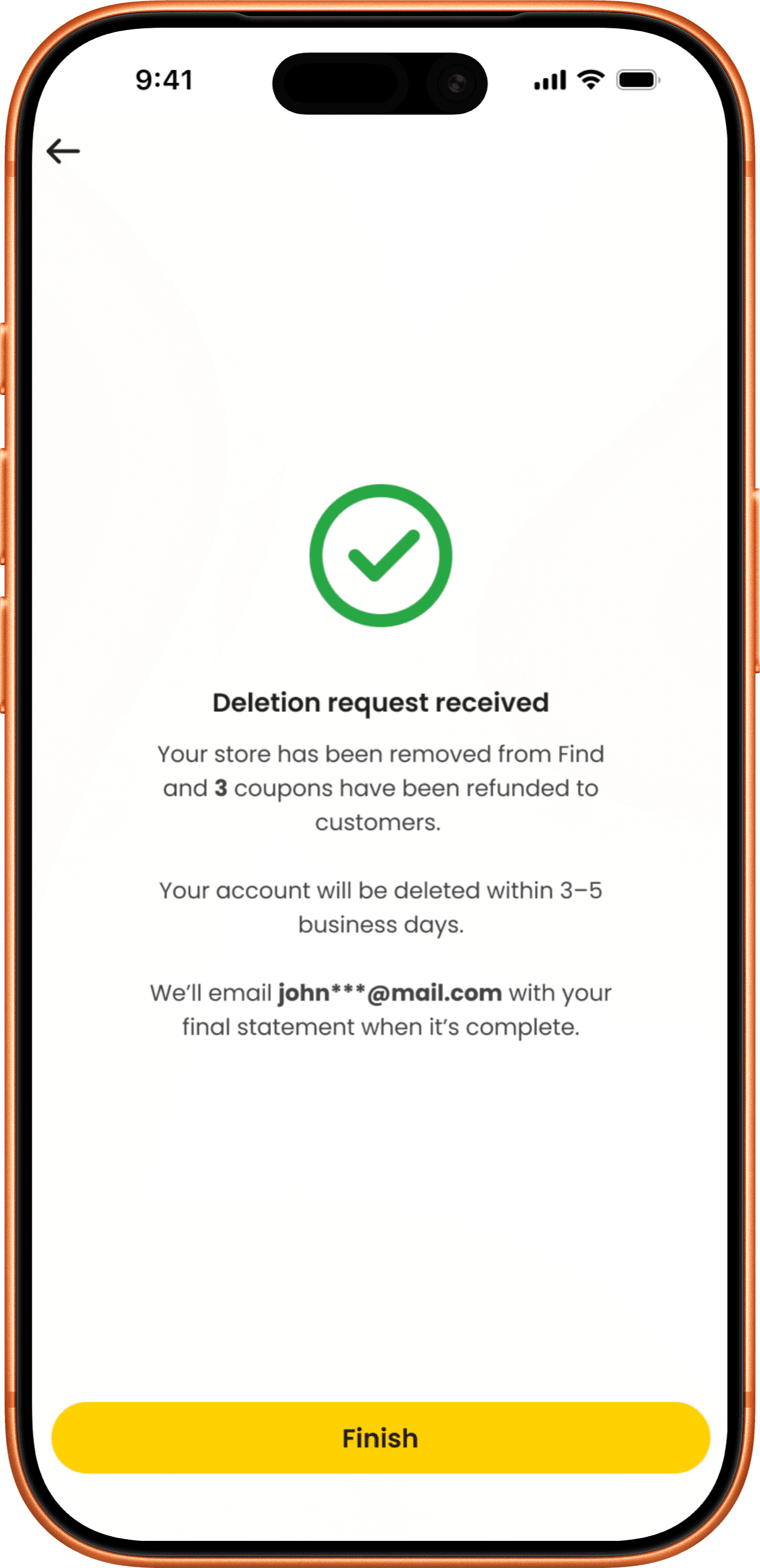 Merchant App screen confirming the deletion request was received, with a Finish button