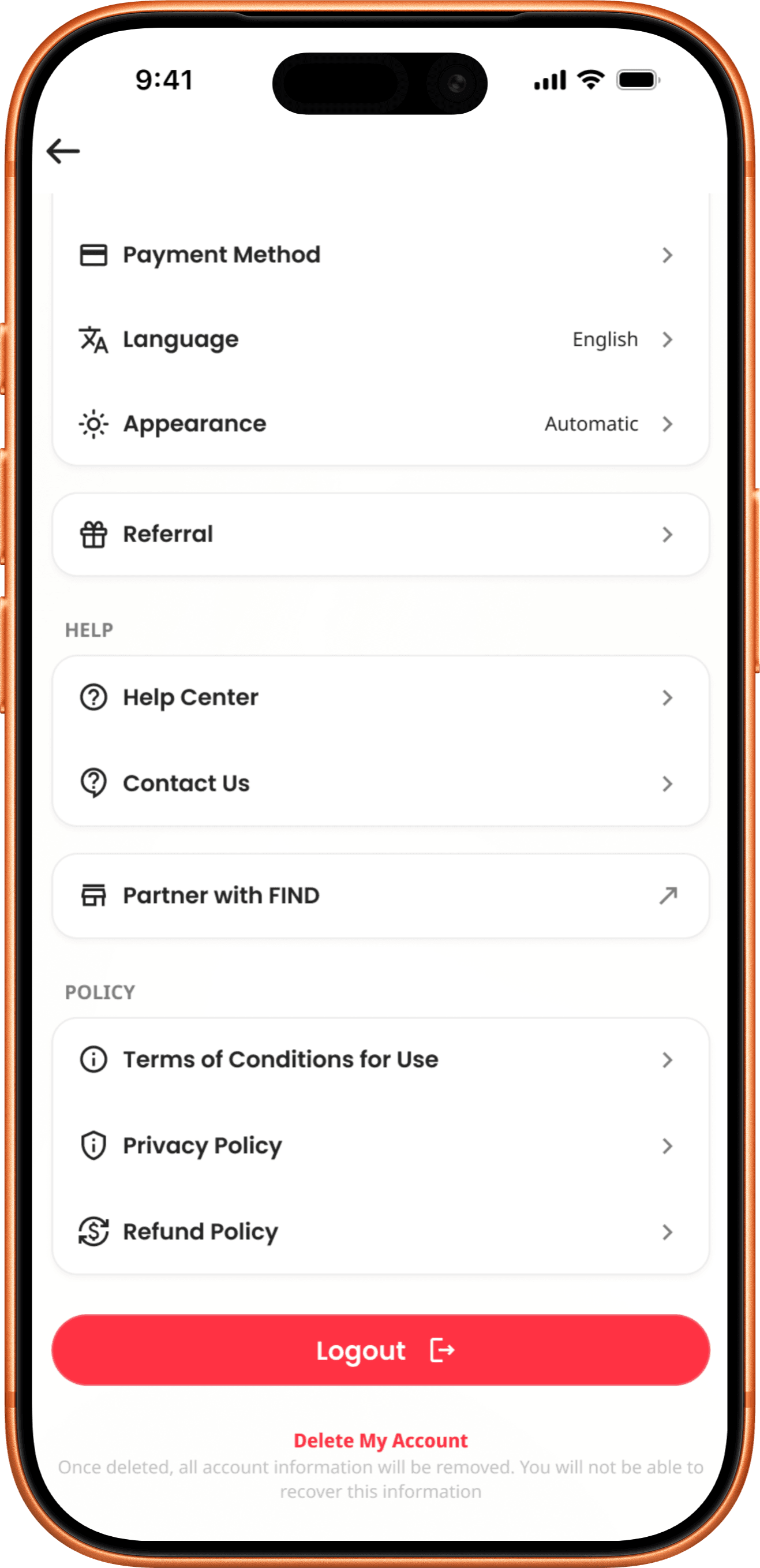 Find app settings screen with the Delete My Account option at the bottom
