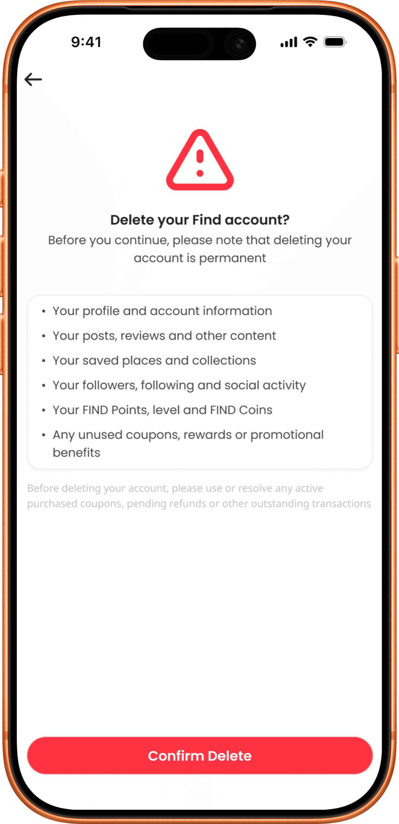 Find app screen listing what will be deleted, with a Confirm Delete button