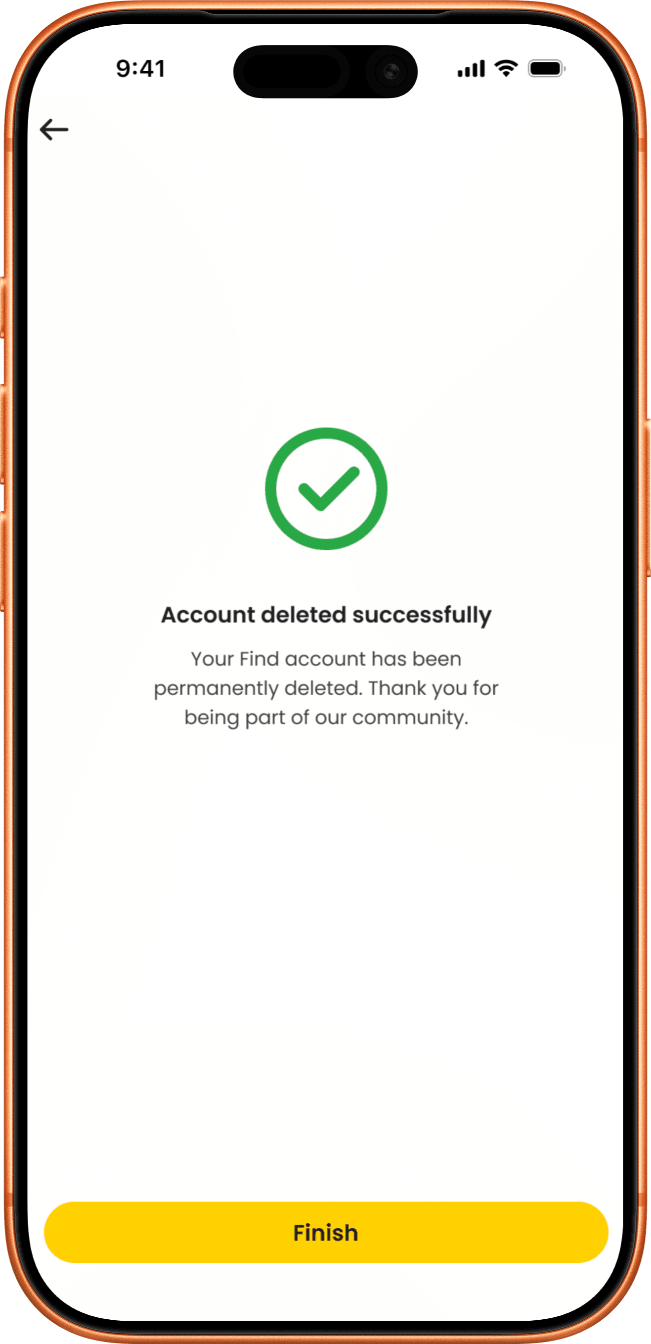 Find app screen confirming the account was deleted, with a Finish button