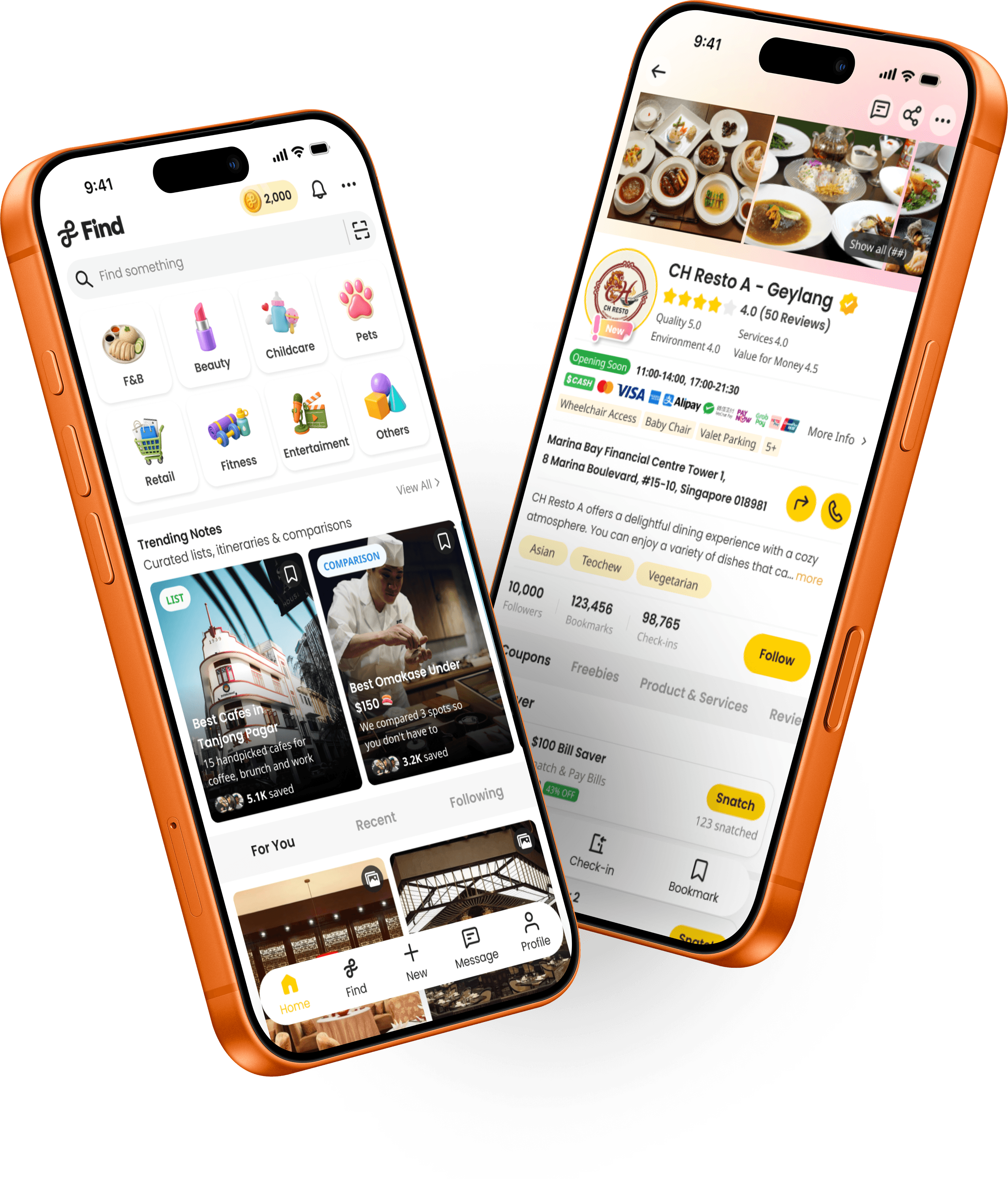Find app screens: category browse and business profile